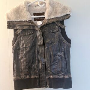 Women's Faux Leather Vest with Fur Collar